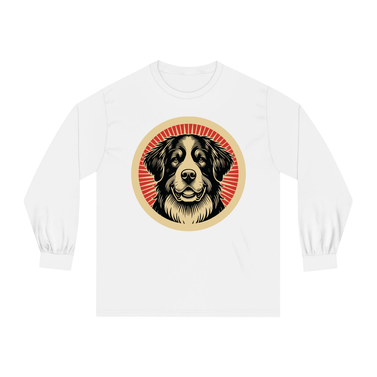 Bernese Mountain Dog badge art in a ring of red rays on a long-sleeve tee