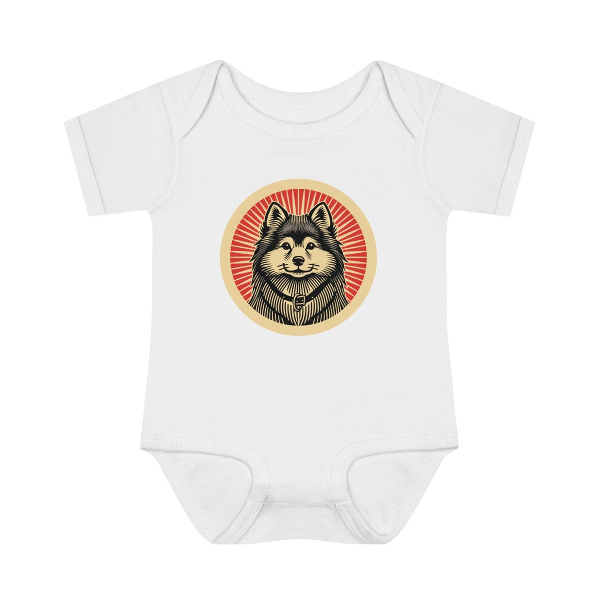 Finnish Spitz badge art in a ring of red rays on a baby bodysuit