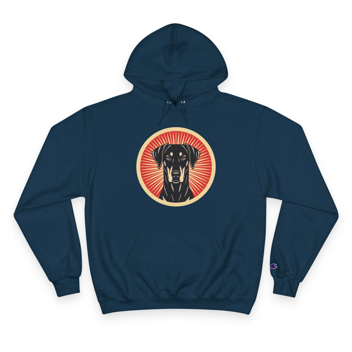 Doberman Pinscher badge art in a ring of red rays on a champion hoodie