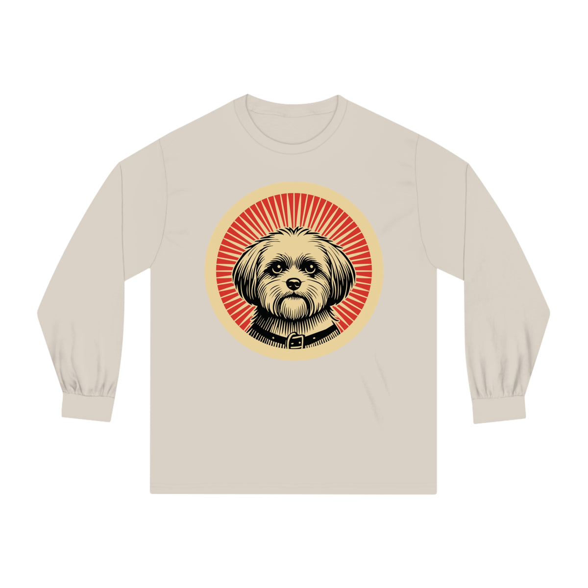 Shihpoo badge art in a ring of red rays on a long-sleeve tee
