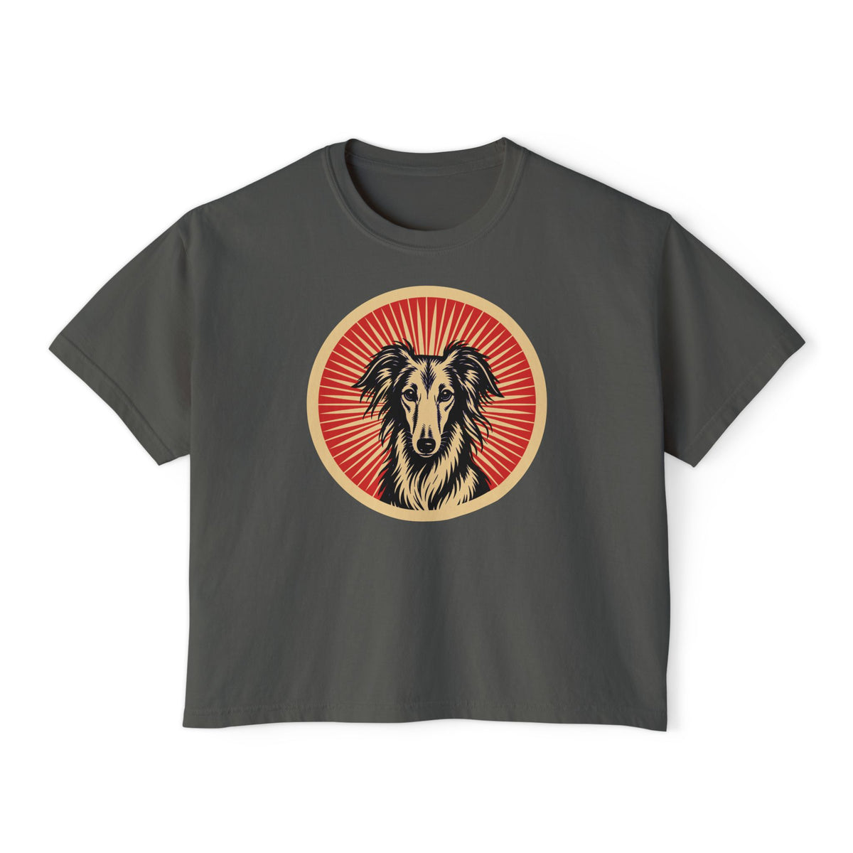 Silken Windhound badge art in a ring of red rays on a boxy tee