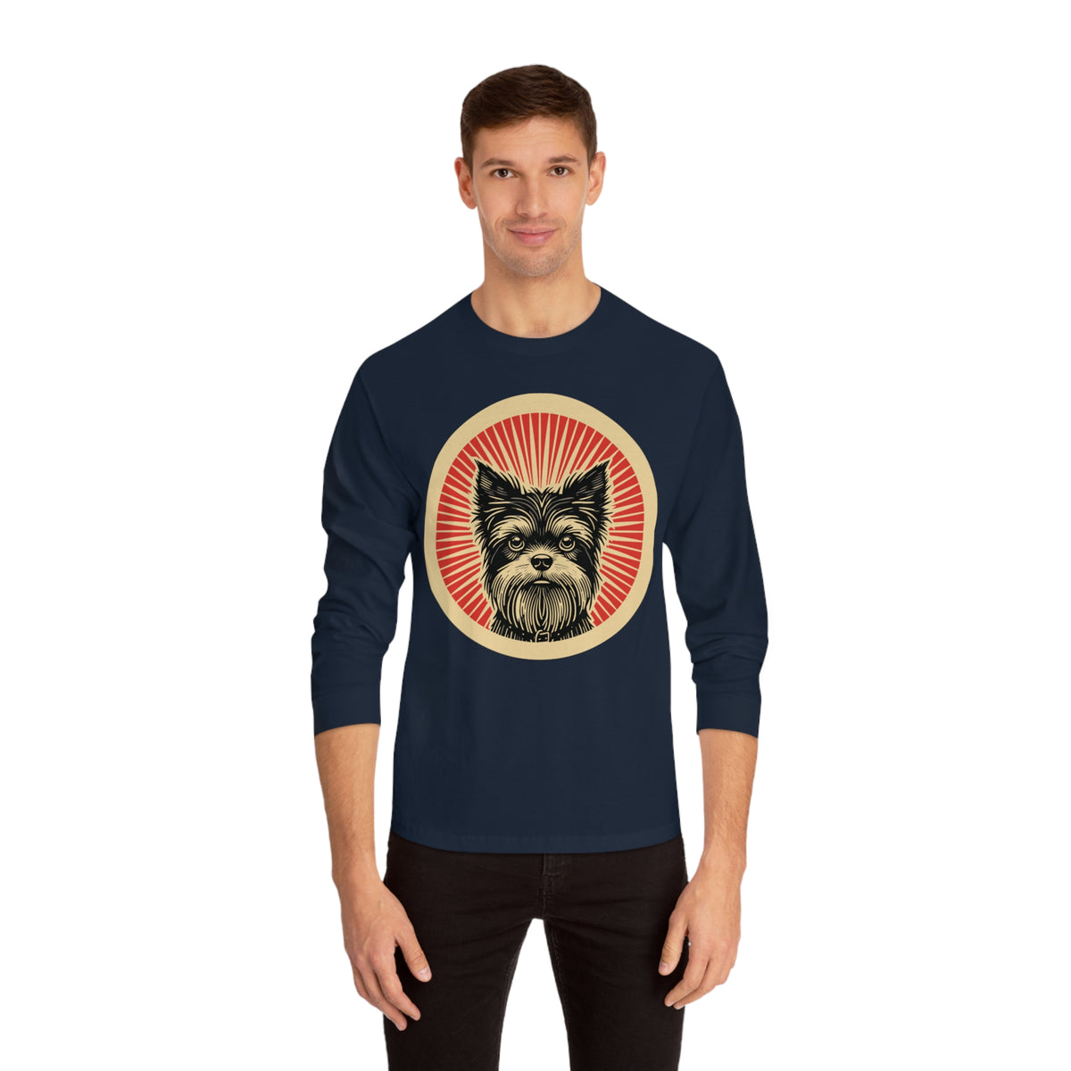Affenpinscher badge art in a ring of red rays on a long-sleeve tee