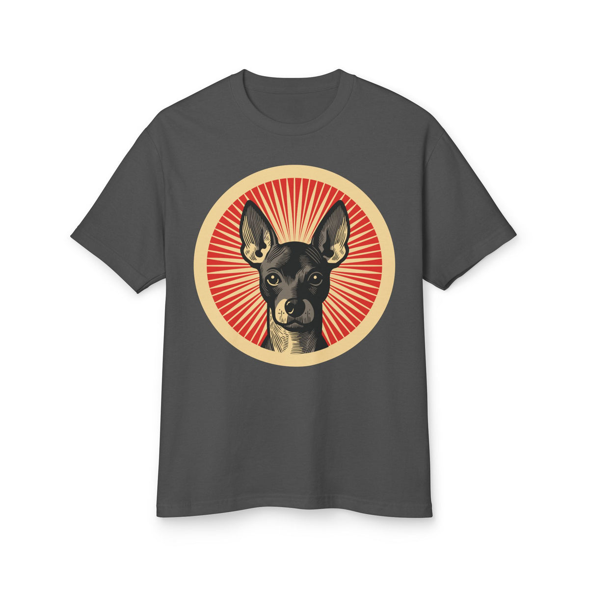 Xoloitzcuintle badge art in a ring of red rays on a heavyweight tee