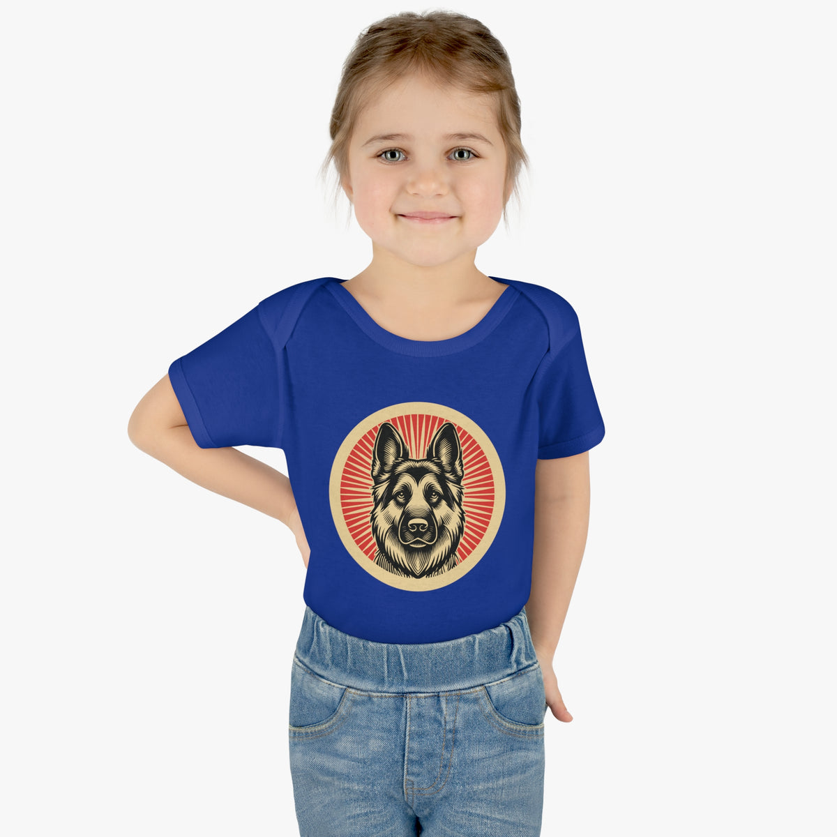 German Shepherd badge art in a ring of red rays on a baby bodysuit