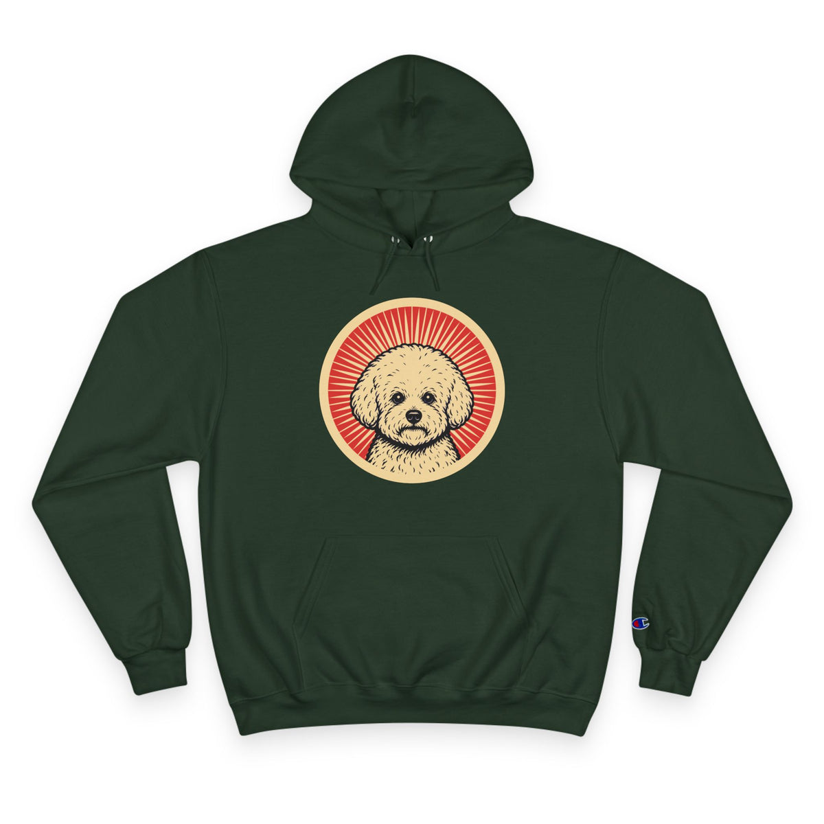 Bichon Frise badge art in a ring of red rays on a champion hoodie