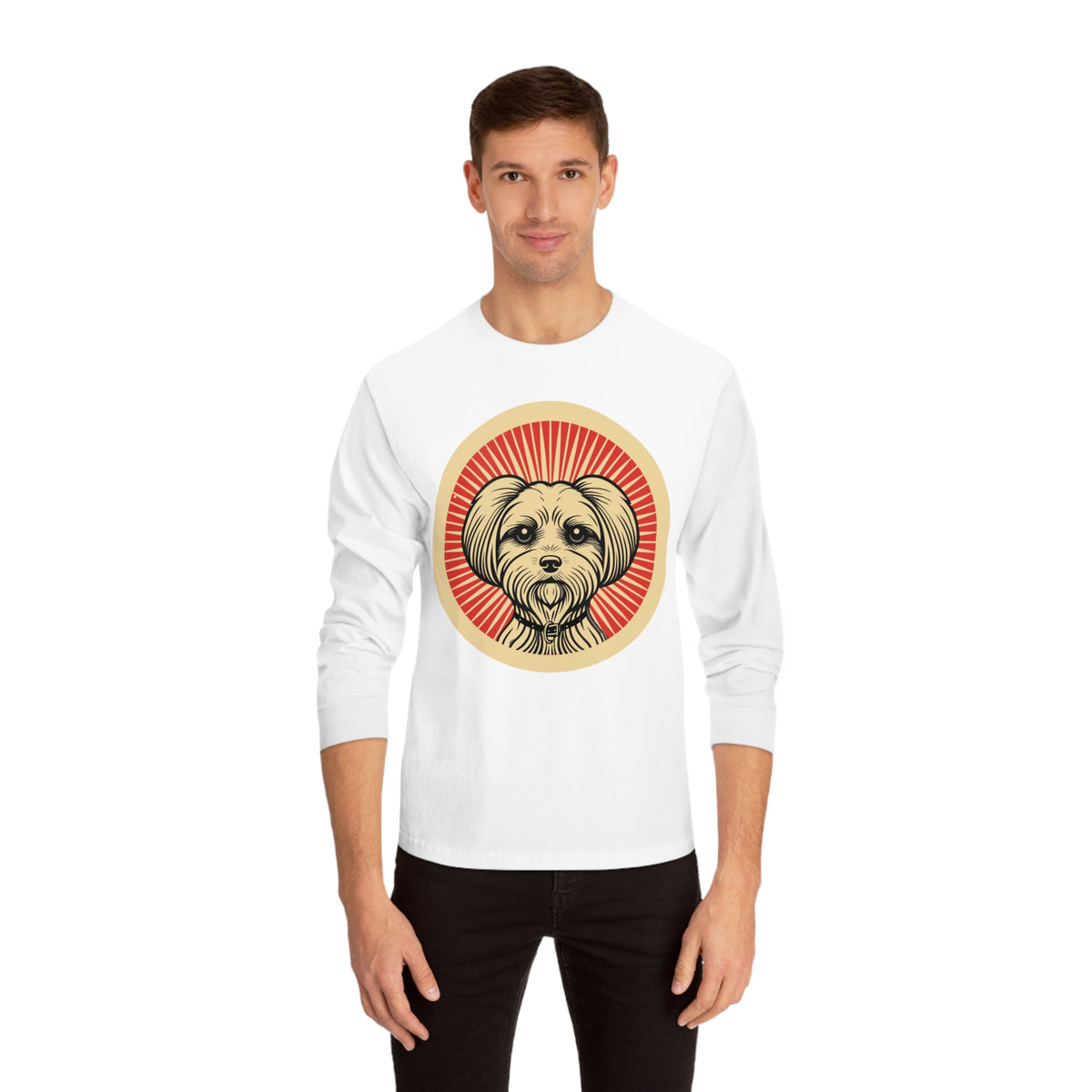 Maltese badge art in a ring of red rays on a long-sleeve tee