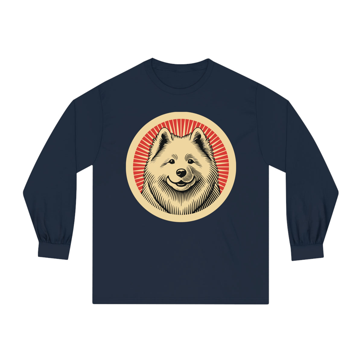Samoyed badge art in a ring of red rays on a long-sleeve tee