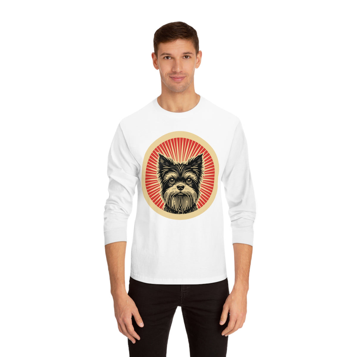 Affenpinscher badge art in a ring of red rays on a long-sleeve tee