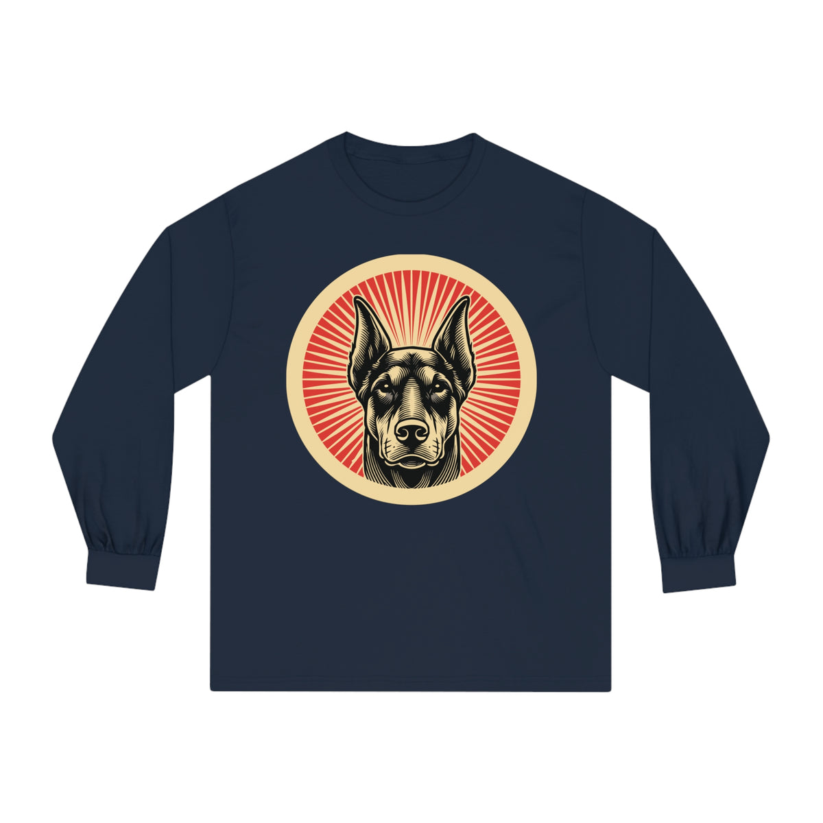 Doberman Pinscher badge art in a ring of red rays on a long-sleeve tee