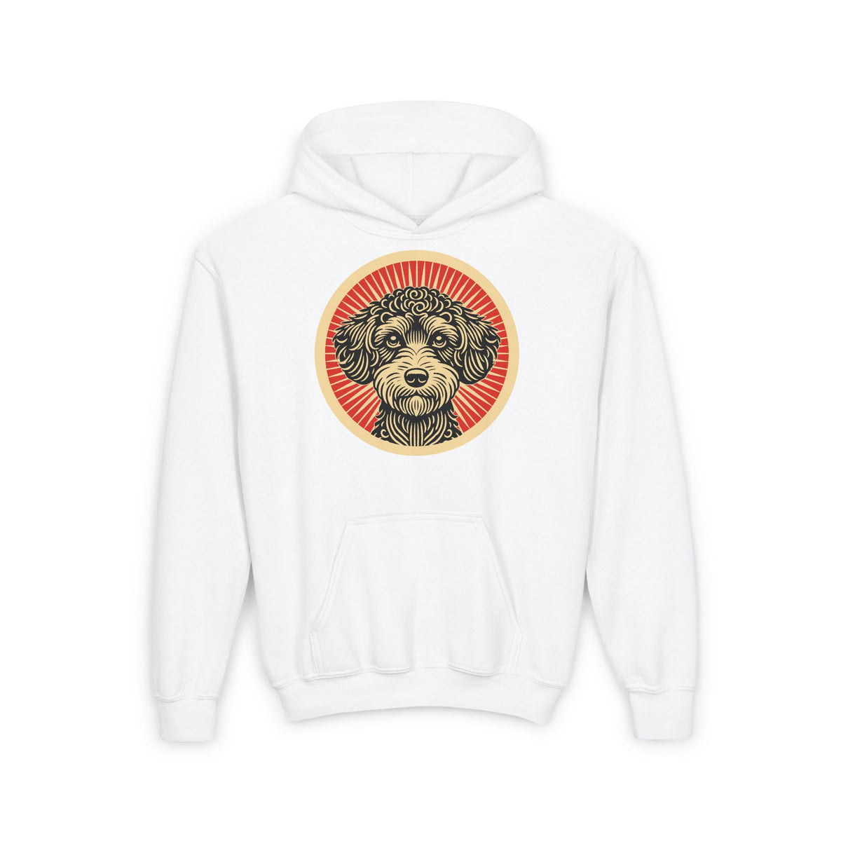 Schnoodle badge art in a ring of red rays on a kids' hoodie