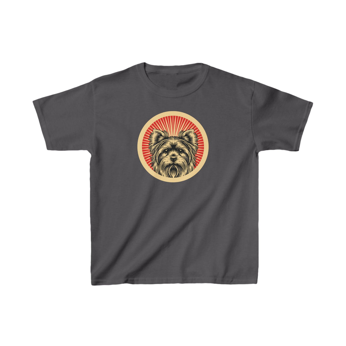Yorkshire Terrier badge art in a ring of red rays on a kids' tee