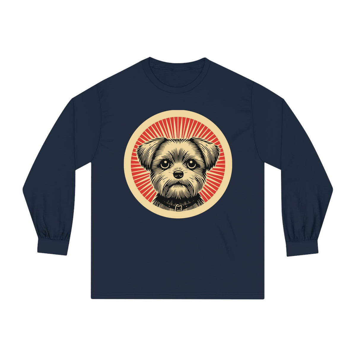 Shorkie badge art in a ring of red rays on a long-sleeve tee