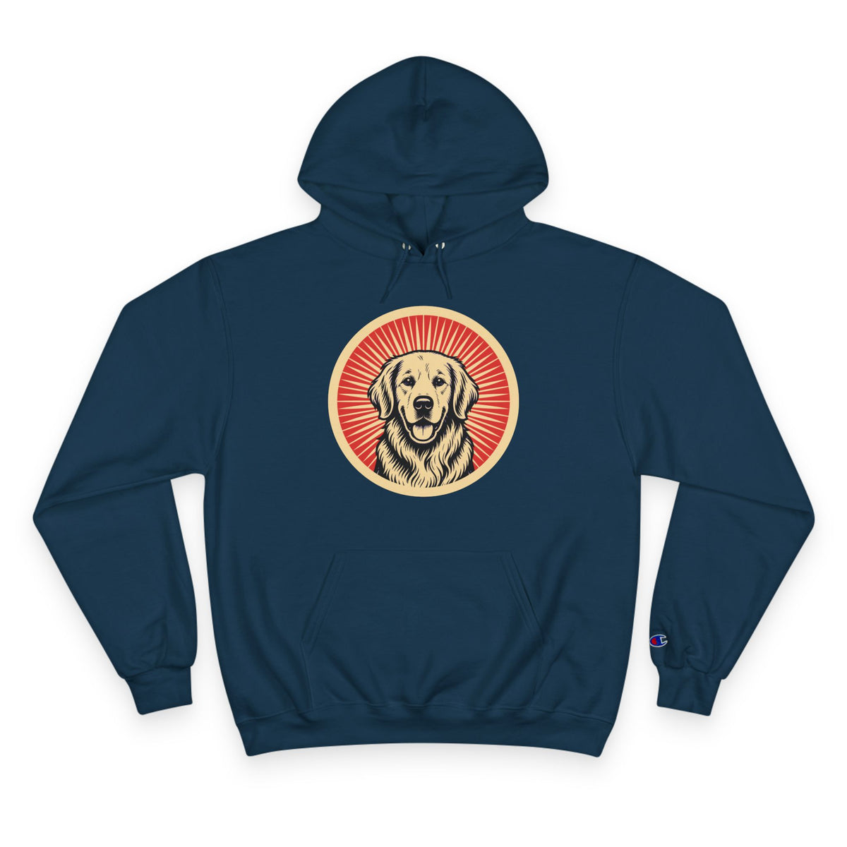 Golden Retriever badge art in a ring of red rays on a champion hoodie