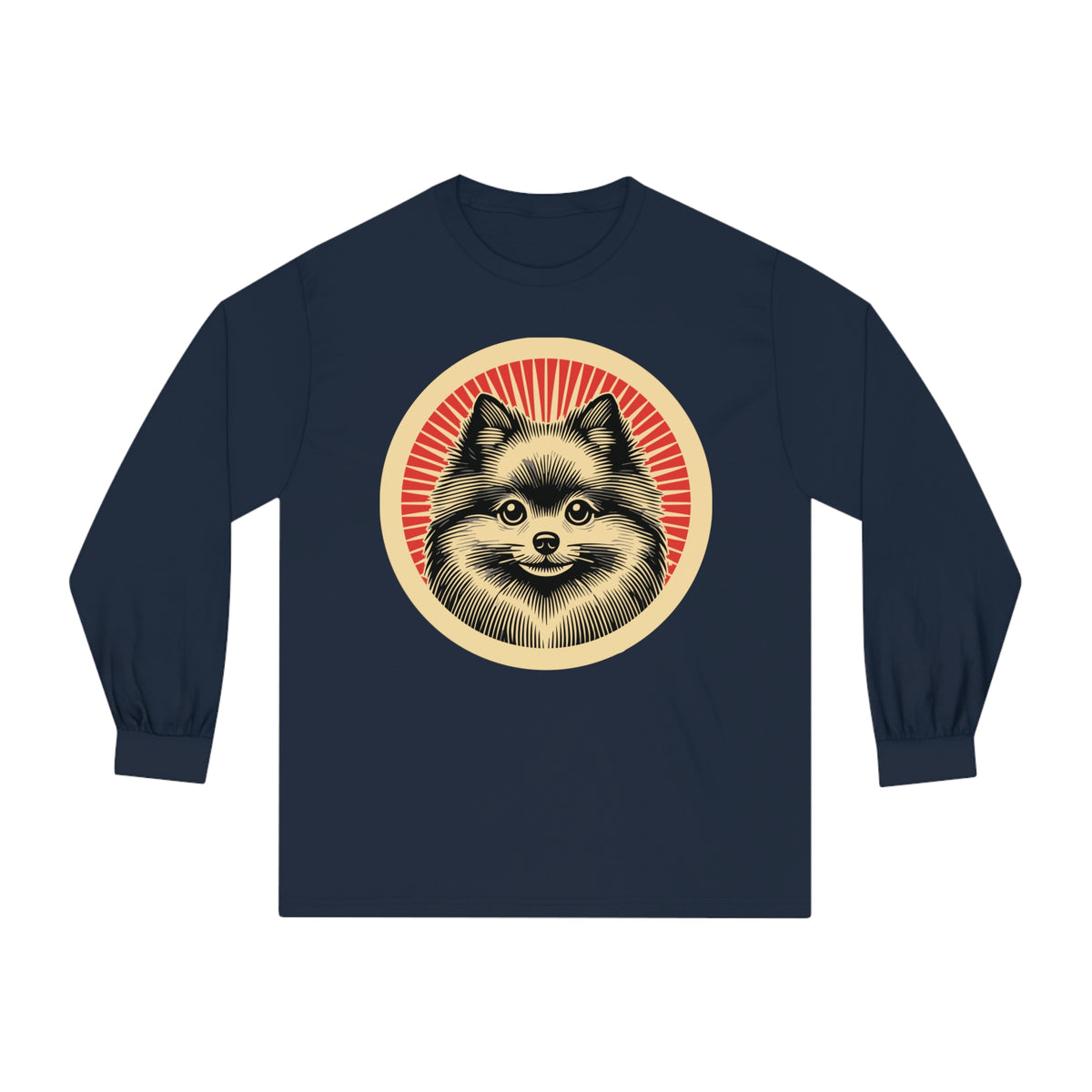 Pomeranian badge art in a ring of red rays on a long-sleeve tee