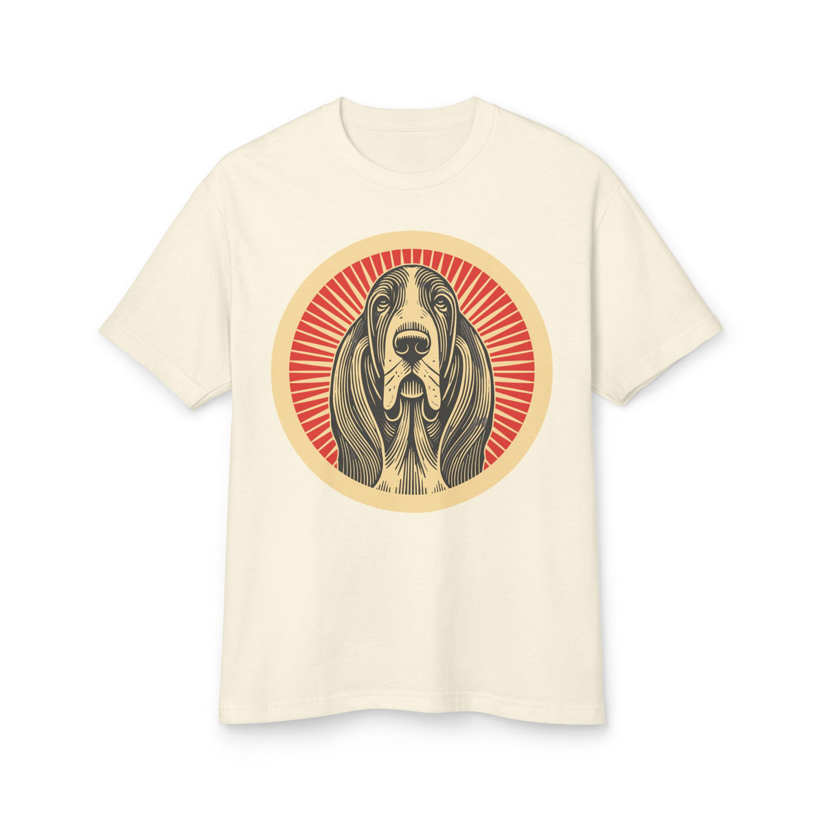 Basset Hound badge art in a ring of red rays on a heavyweight tee