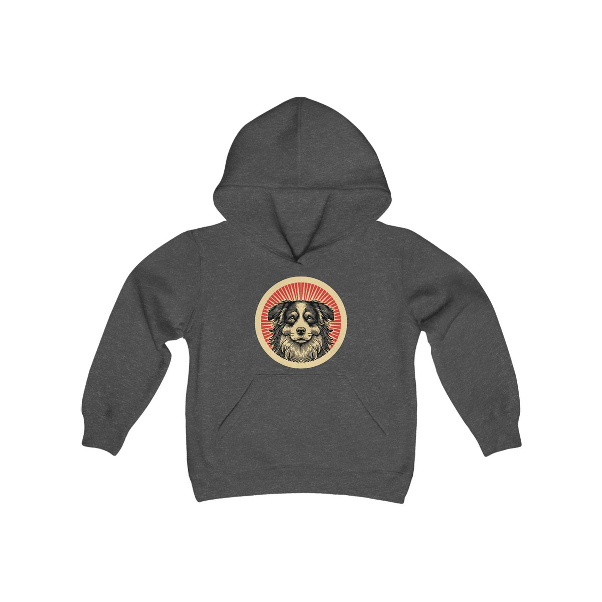 Border Collie badge art in a ring of red rays on a kids' hoodie
