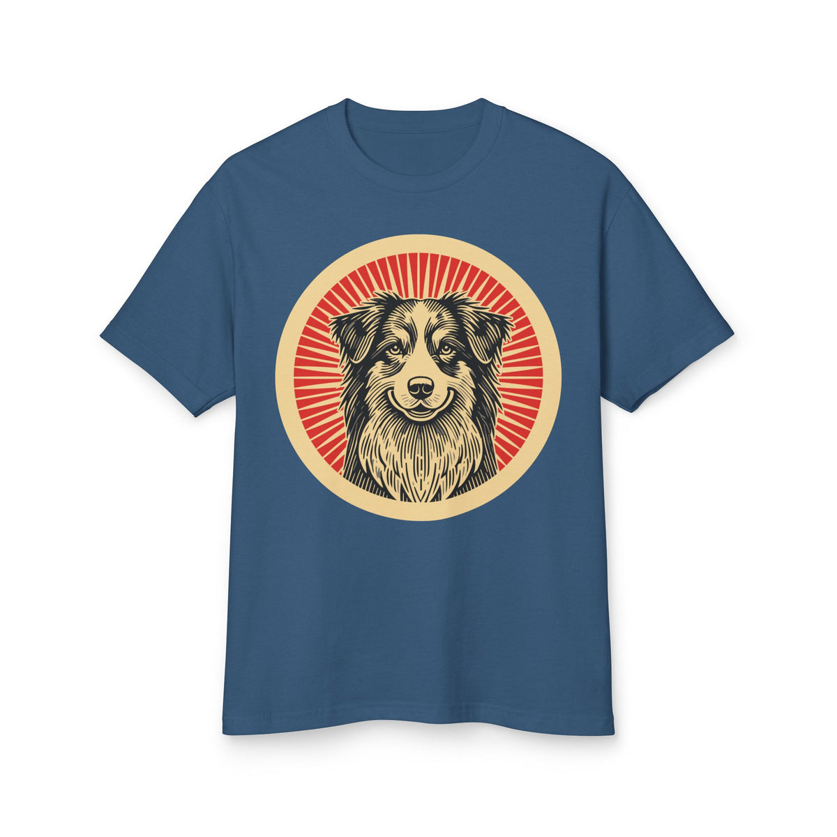 Australian Shepherd badge art in a ring of red rays on a heavyweight tee