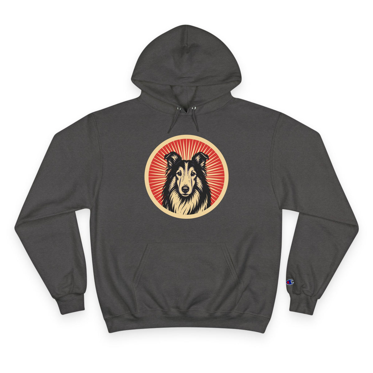Collie badge art in a ring of red rays on a champion hoodie