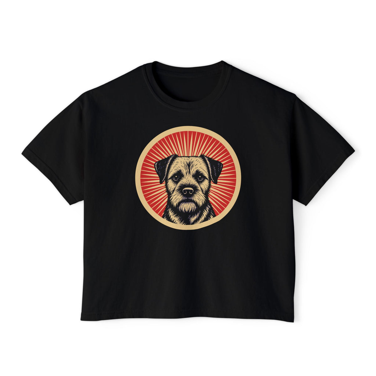 Border Terrier badge art in a ring of red rays on a boxy tee