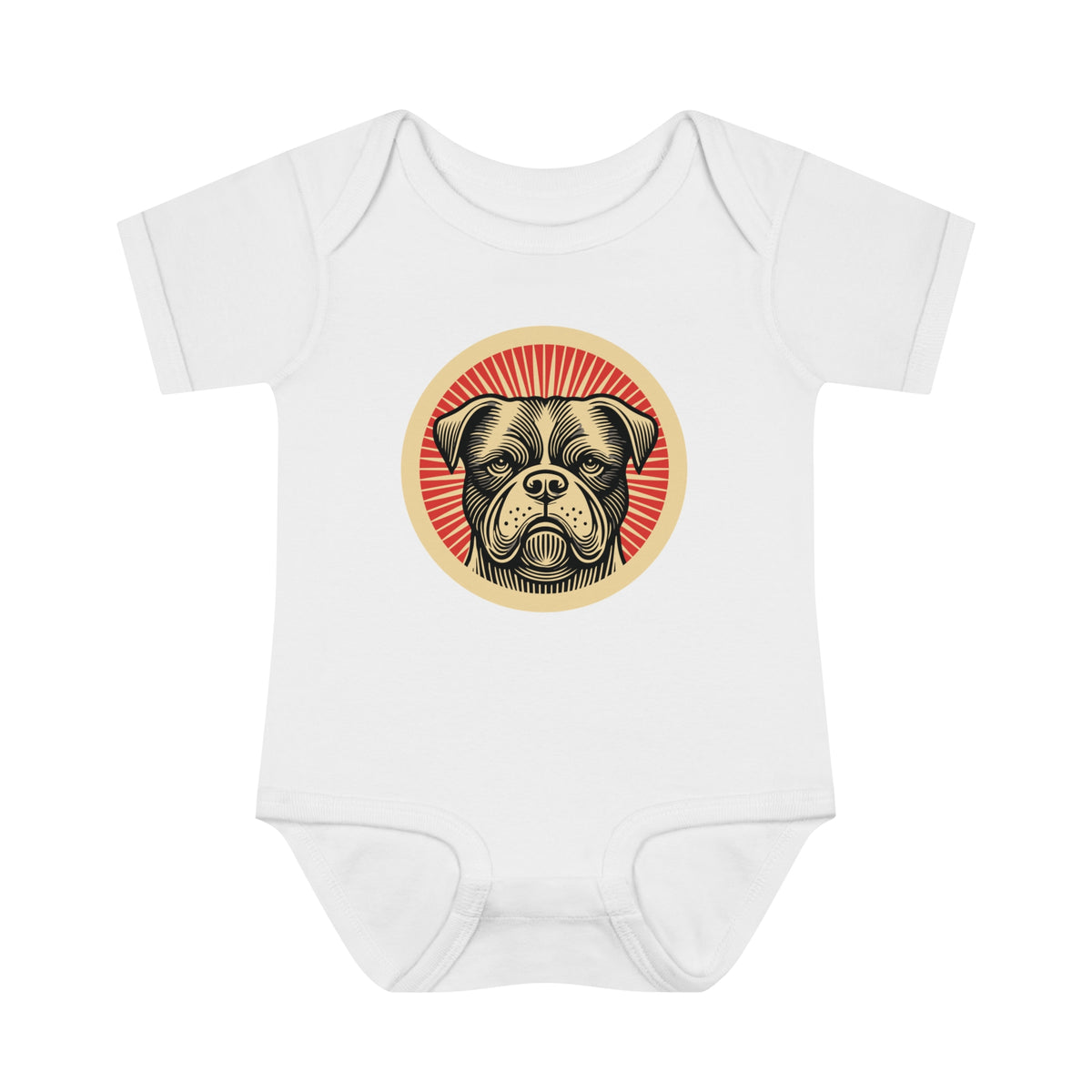 American Bulldog badge art in a ring of red rays on a baby bodysuit