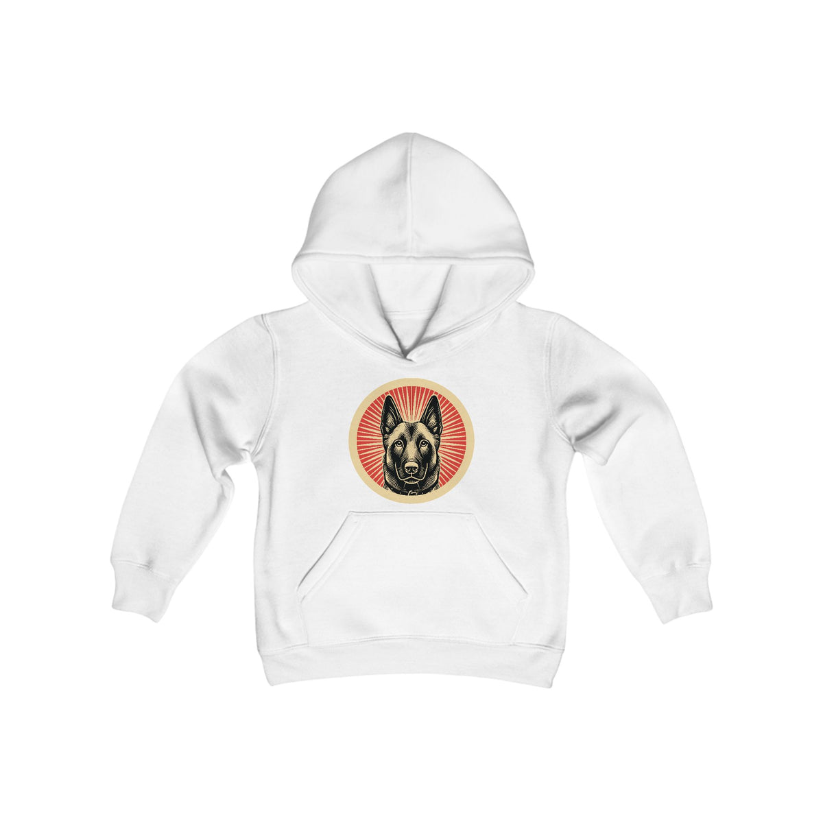 Belgian Malinois badge art in a ring of red rays on a kids' hoodie
