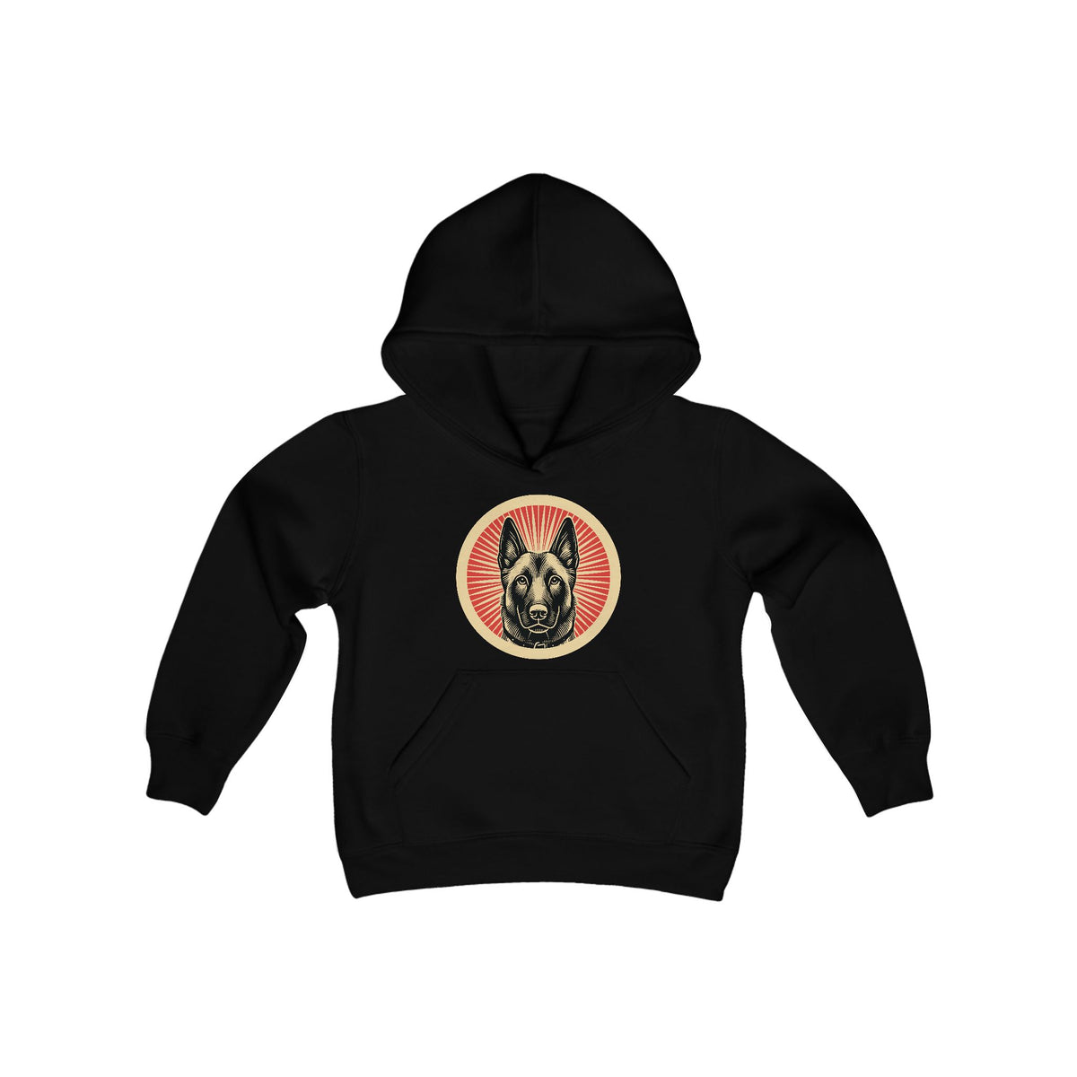 Belgian Malinois badge art in a ring of red rays on a kids' hoodie