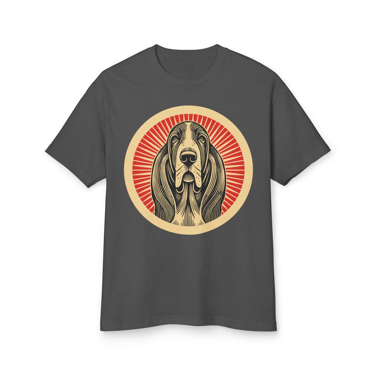 Basset Hound badge art in a ring of red rays on a heavyweight tee