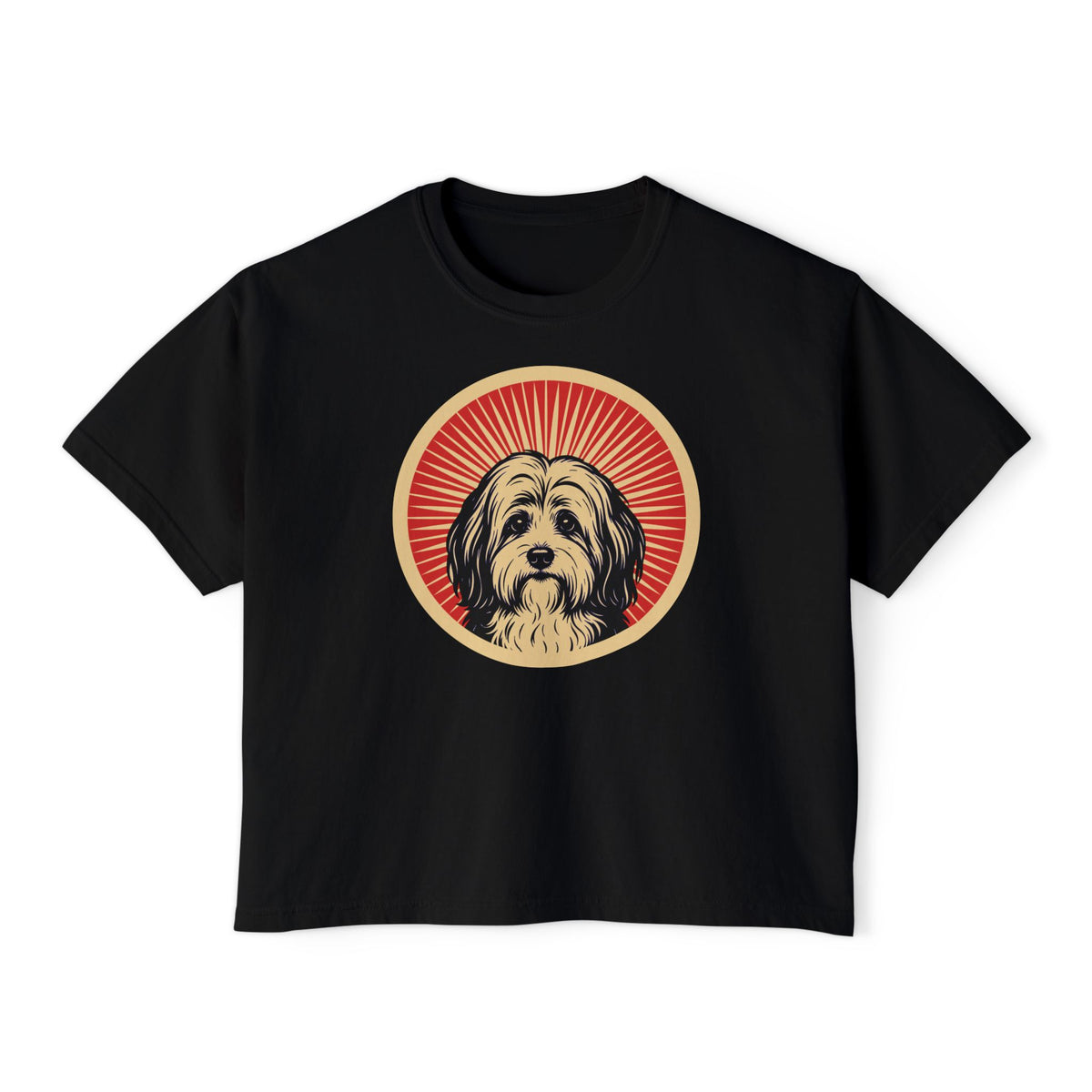 Havanese badge art in a ring of red rays on a boxy tee