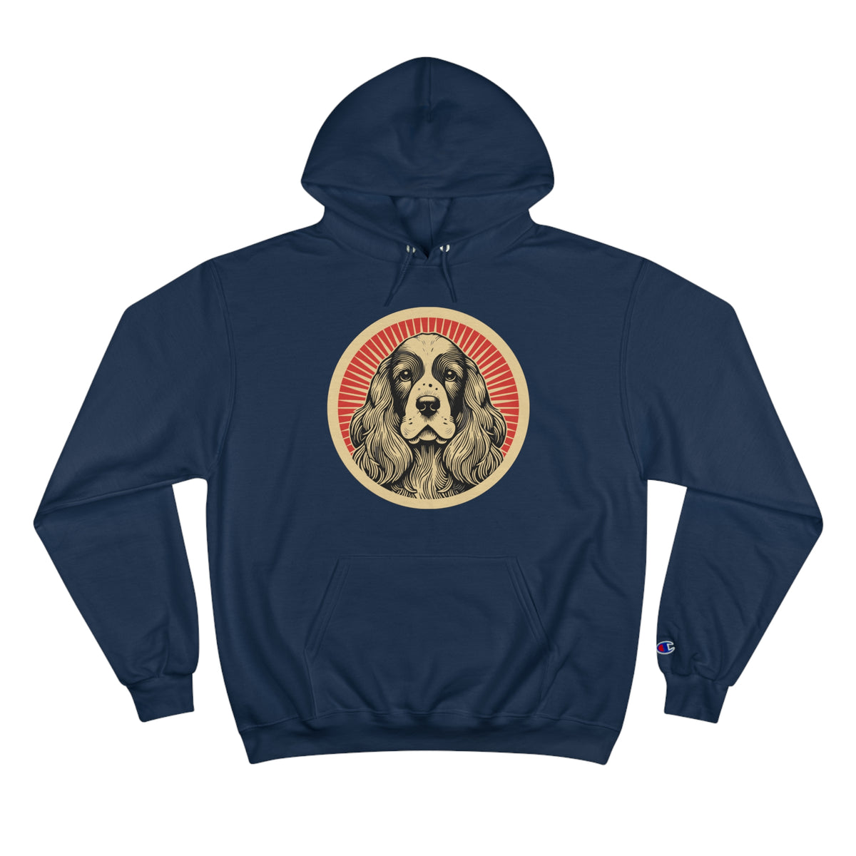 English Cocker Spaniel badge art in a ring of red rays on a champion hoodie