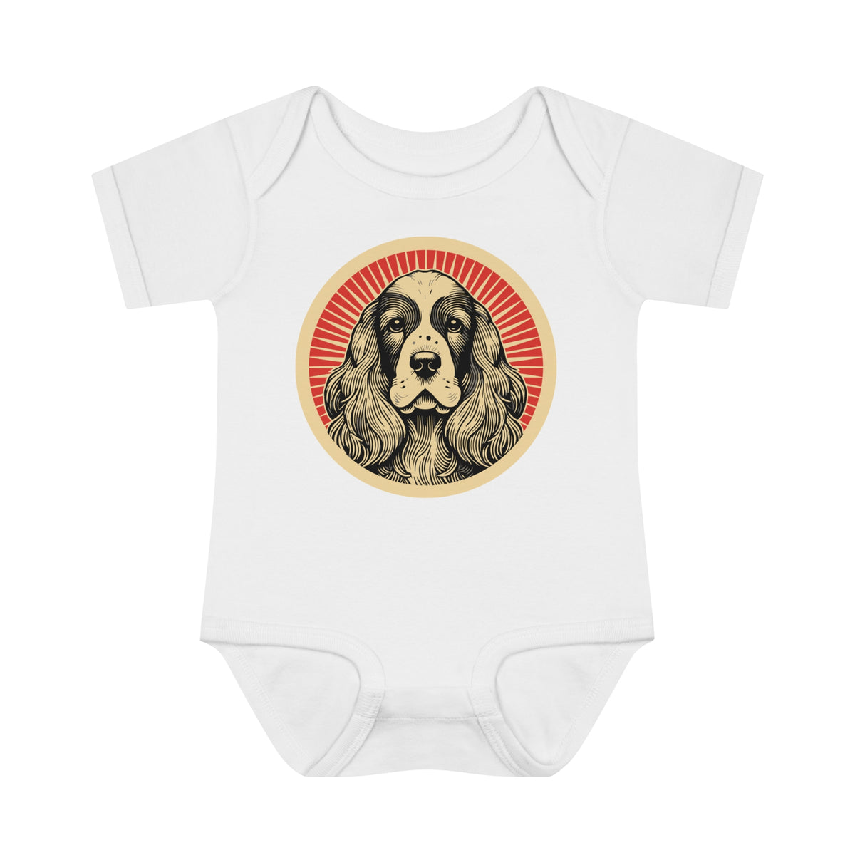English Cocker Spaniel badge art in a ring of red rays on a baby bodysuit
