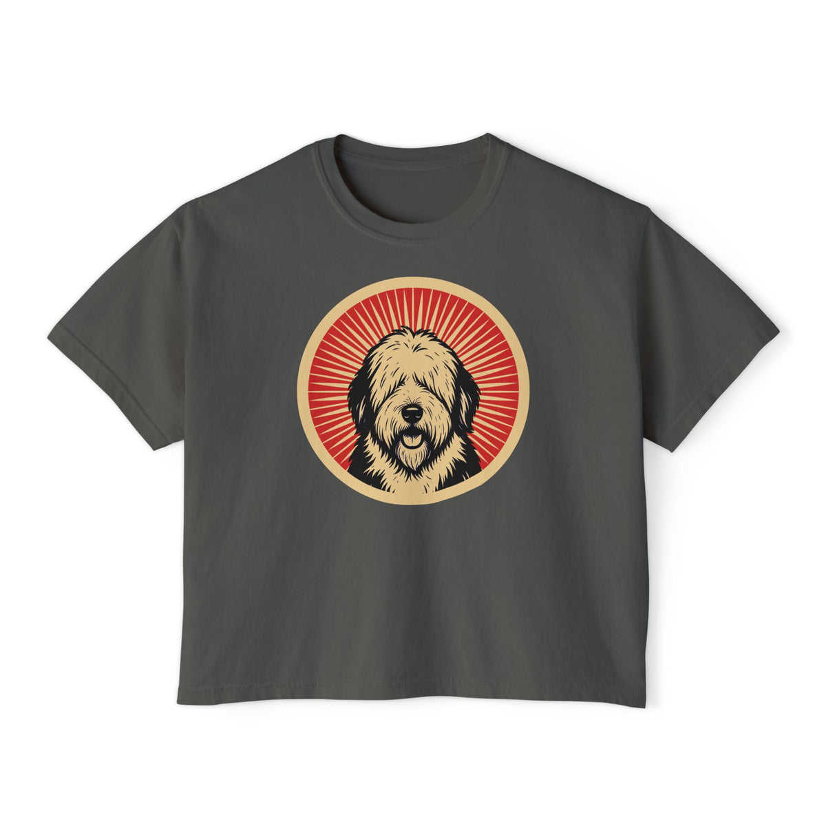 Old English Sheepdog badge art in a ring of red rays on a boxy tee