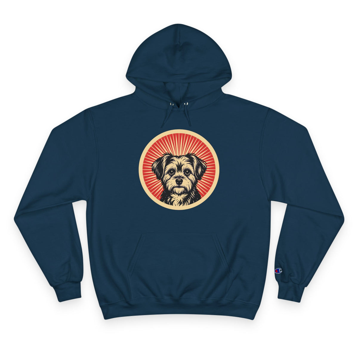 Shorkie badge art in a ring of red rays on a champion hoodie