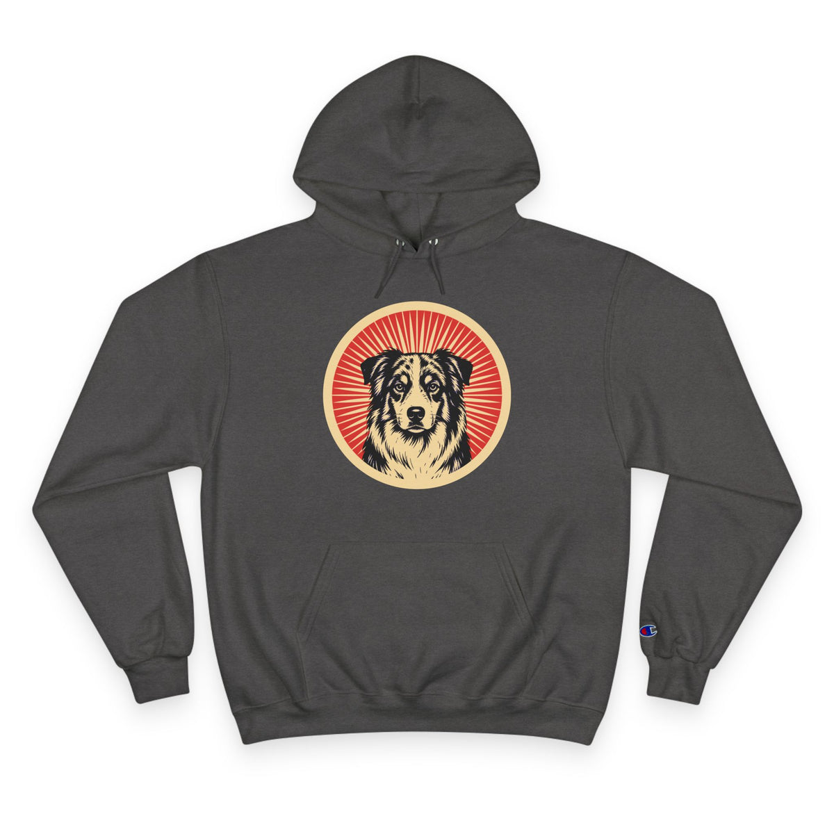 Australian Shepherd badge art in a ring of red rays on a champion hoodie