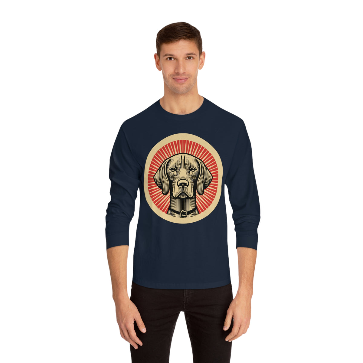 Vizsla badge art in a ring of red rays on a long-sleeve tee