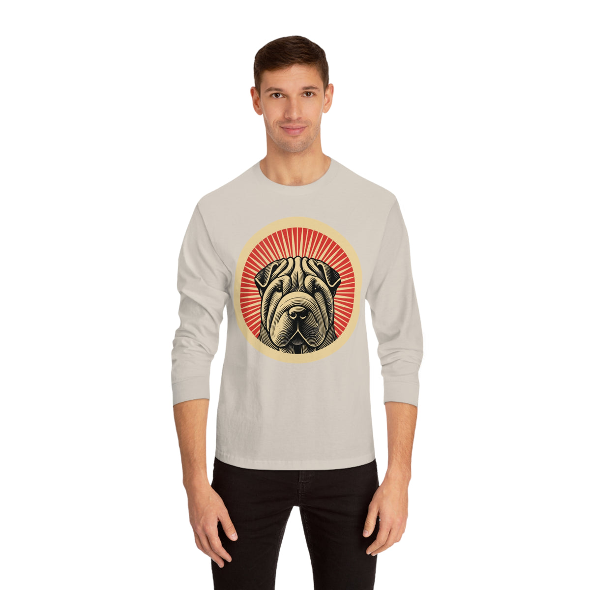 Chinese Shar-Pei badge art in a ring of red rays on a long-sleeve tee