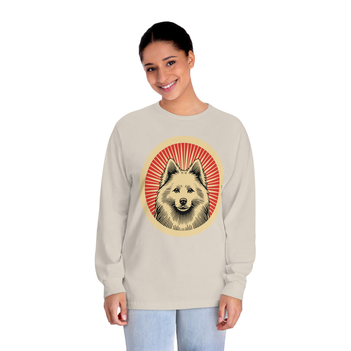American Eskimo Dog badge art in a ring of red rays on a long-sleeve tee