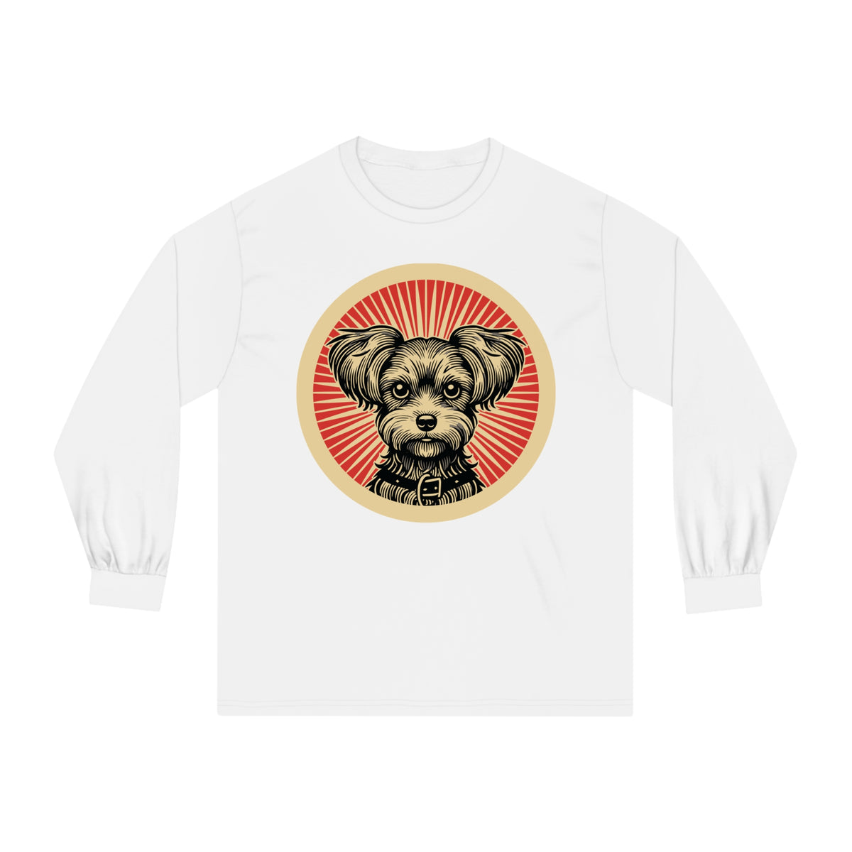 Yorkipoo badge art in a ring of red rays on a long-sleeve tee