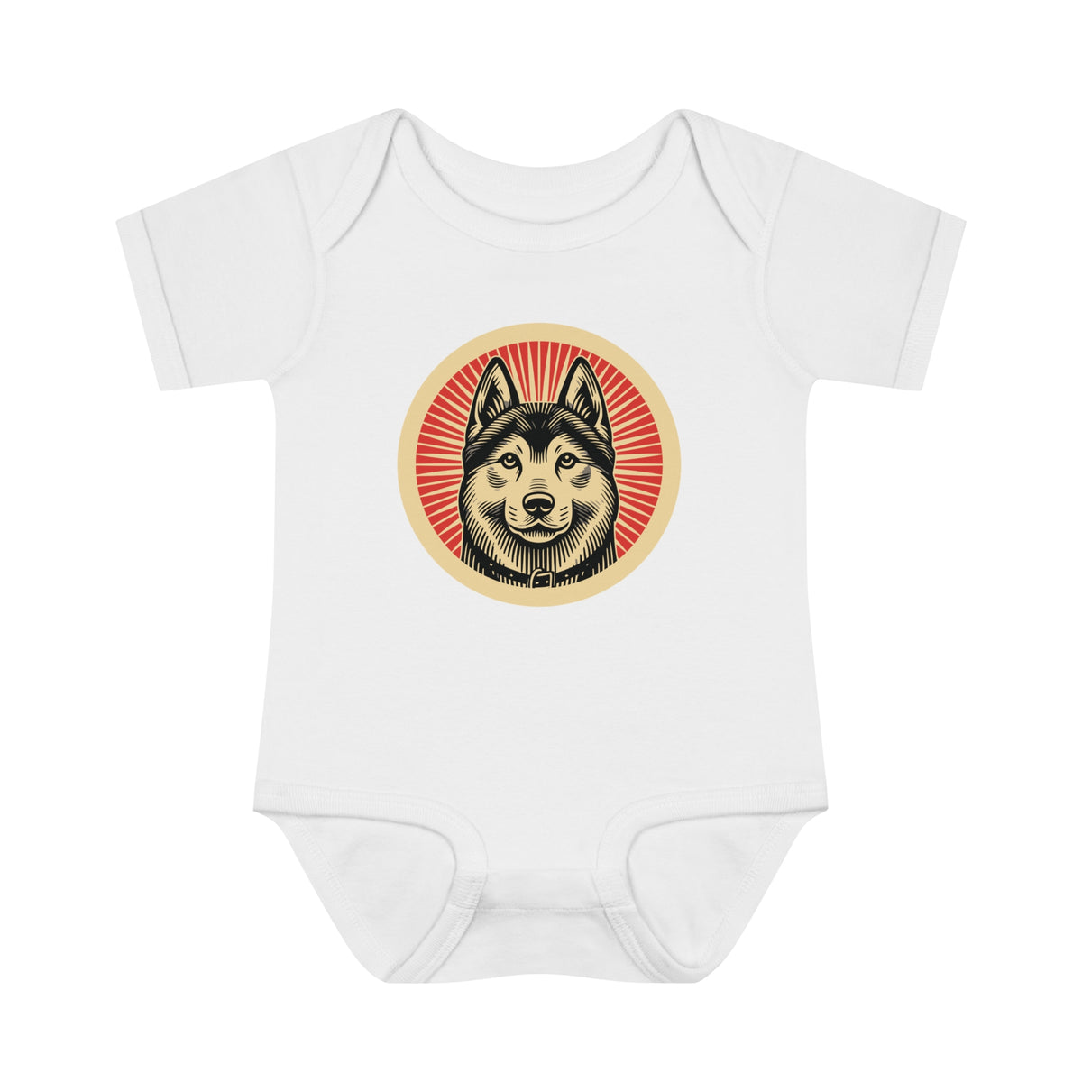 Norwegian Elkhound badge art in a ring of red rays on a baby bodysuit