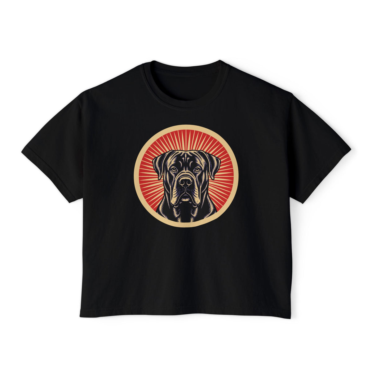 Cane Corso badge art in a ring of red rays on a boxy tee