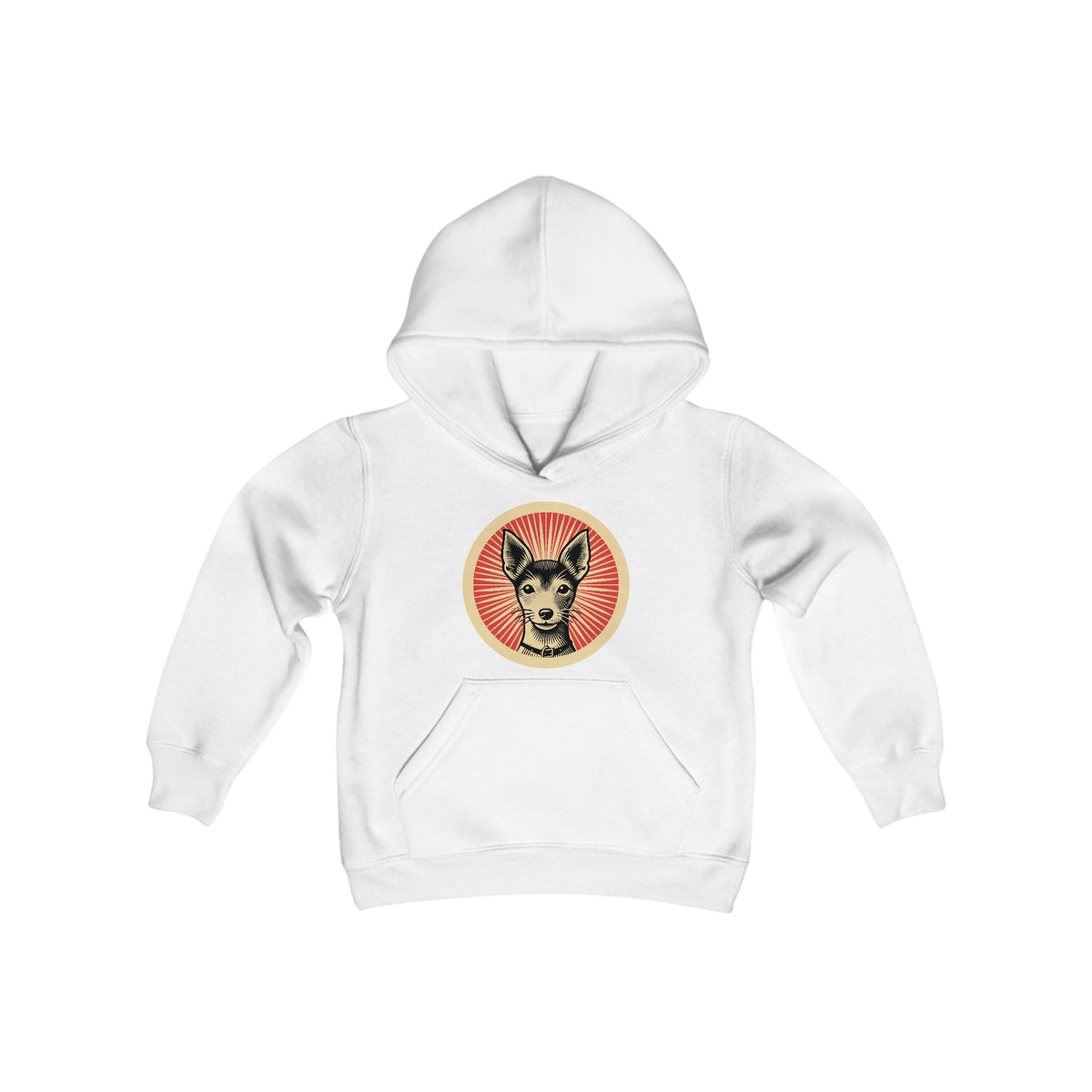Toy Fox Terrier badge art in a ring of red rays on a kids' hoodie