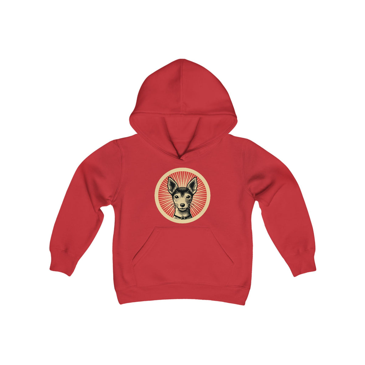 Toy Fox Terrier badge art in a ring of red rays on a kids' hoodie