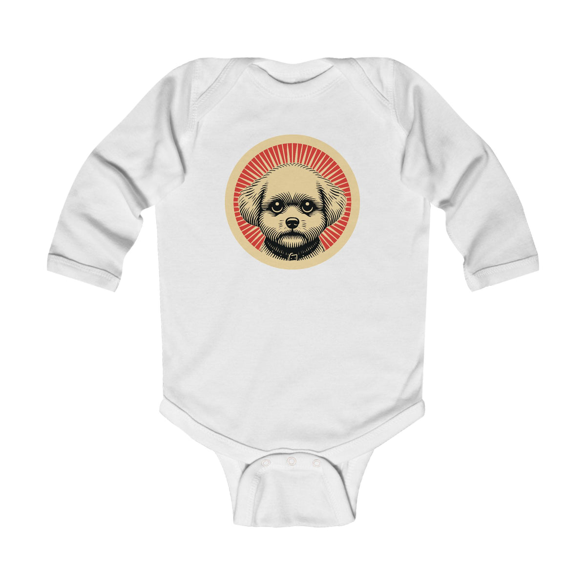 Bichon Frise badge art in a ring of red rays on a long-sleeved baby bodysuit