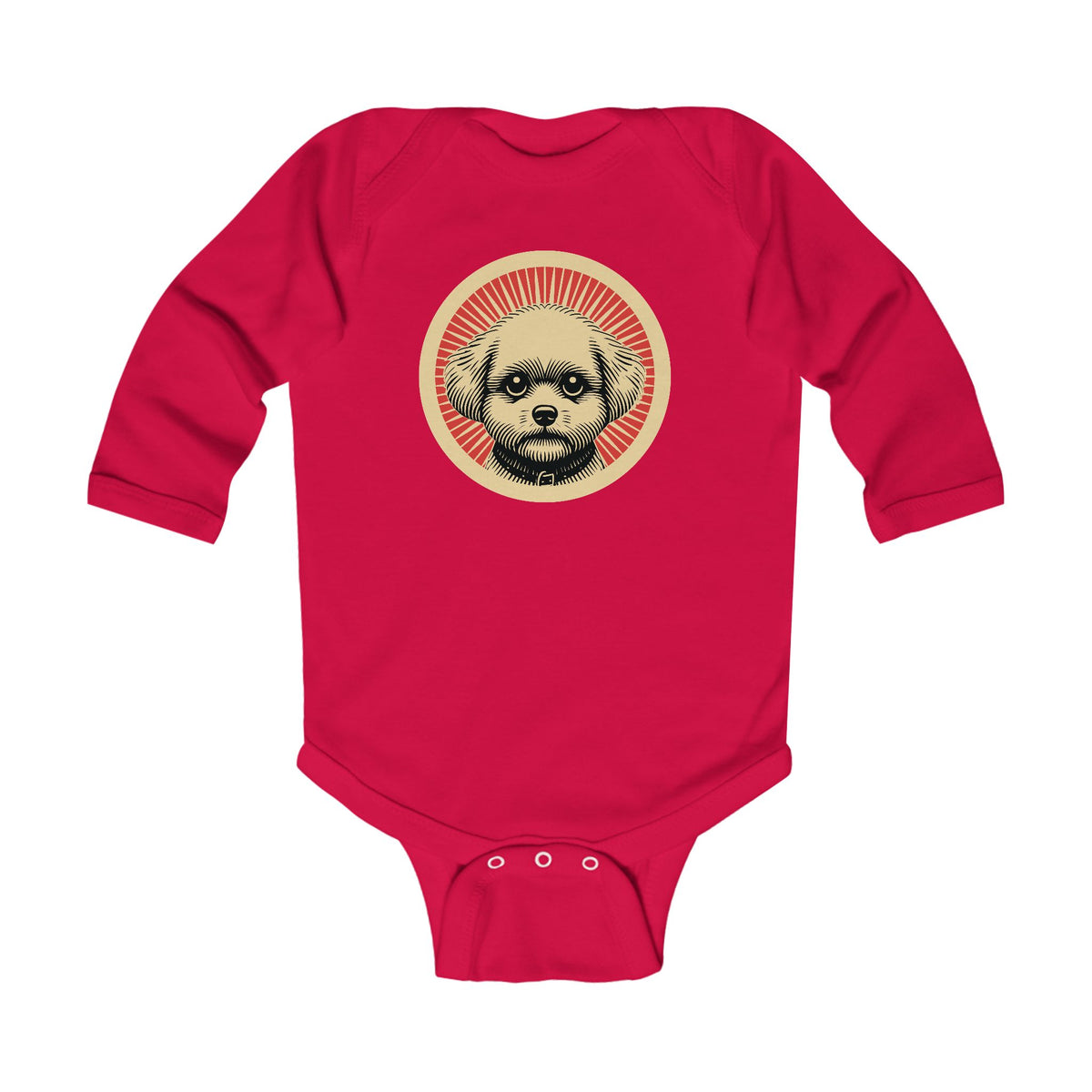 Bichon Frise badge art in a ring of red rays on a long-sleeved baby bodysuit