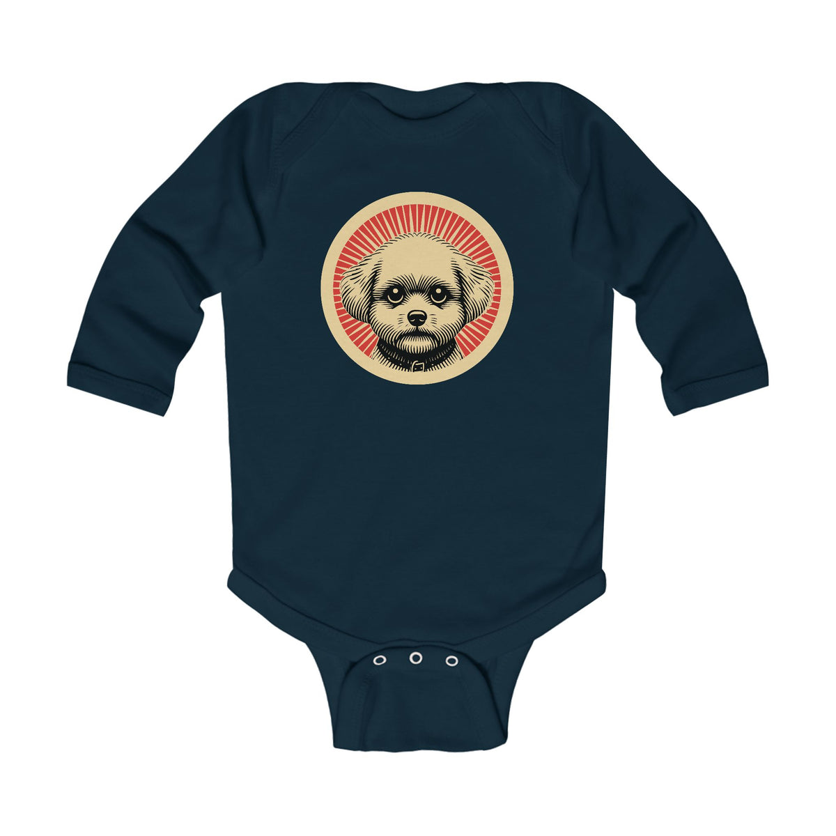 Bichon Frise badge art in a ring of red rays on a long-sleeved baby bodysuit