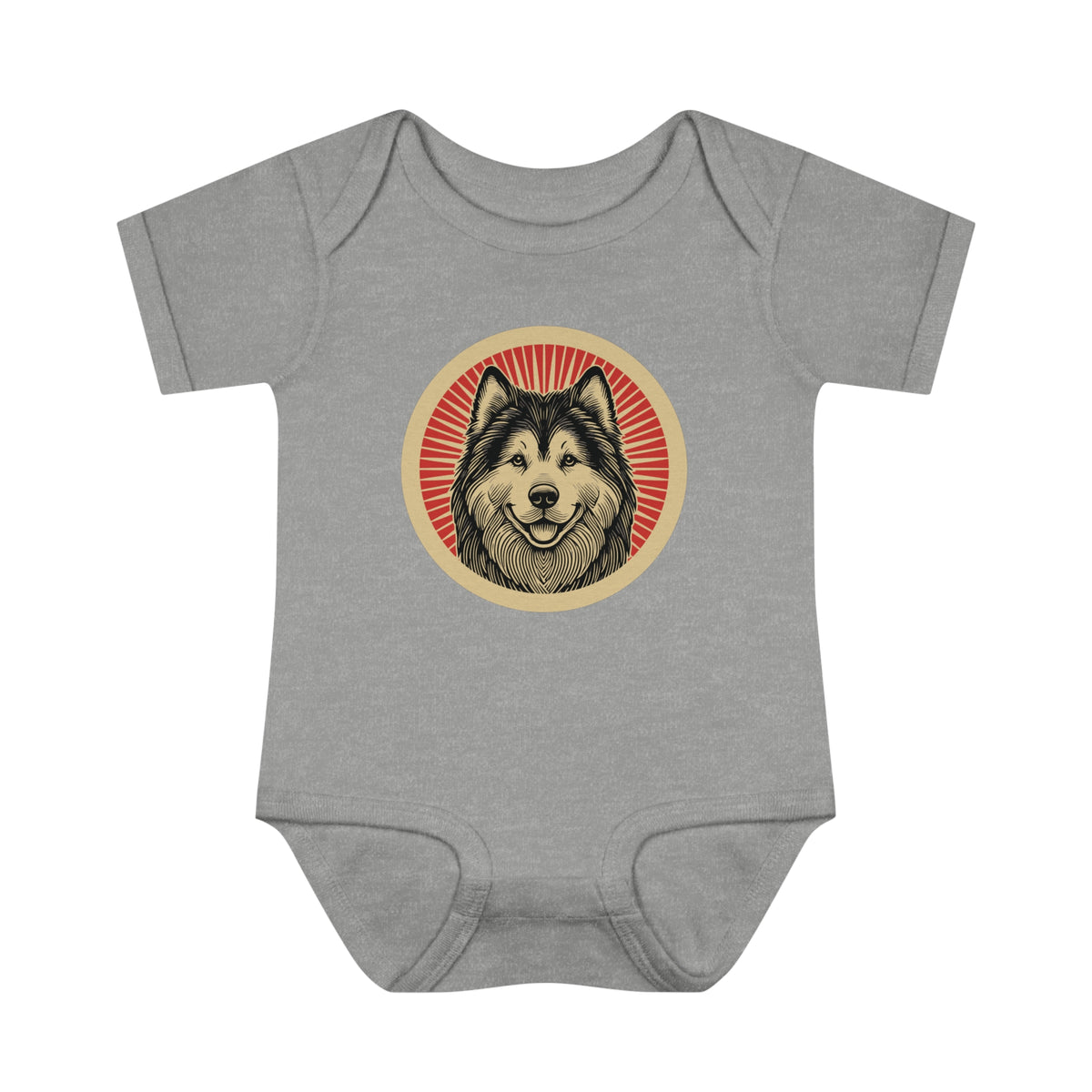 Alaskan Malamute badge art in a ring of red rays on a baby bodysuit
