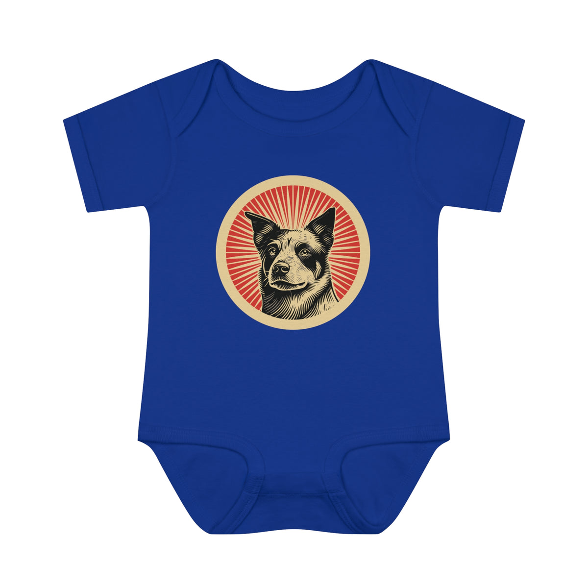 Australian Cattle Dog badge art in a ring of red rays on a baby bodysuit