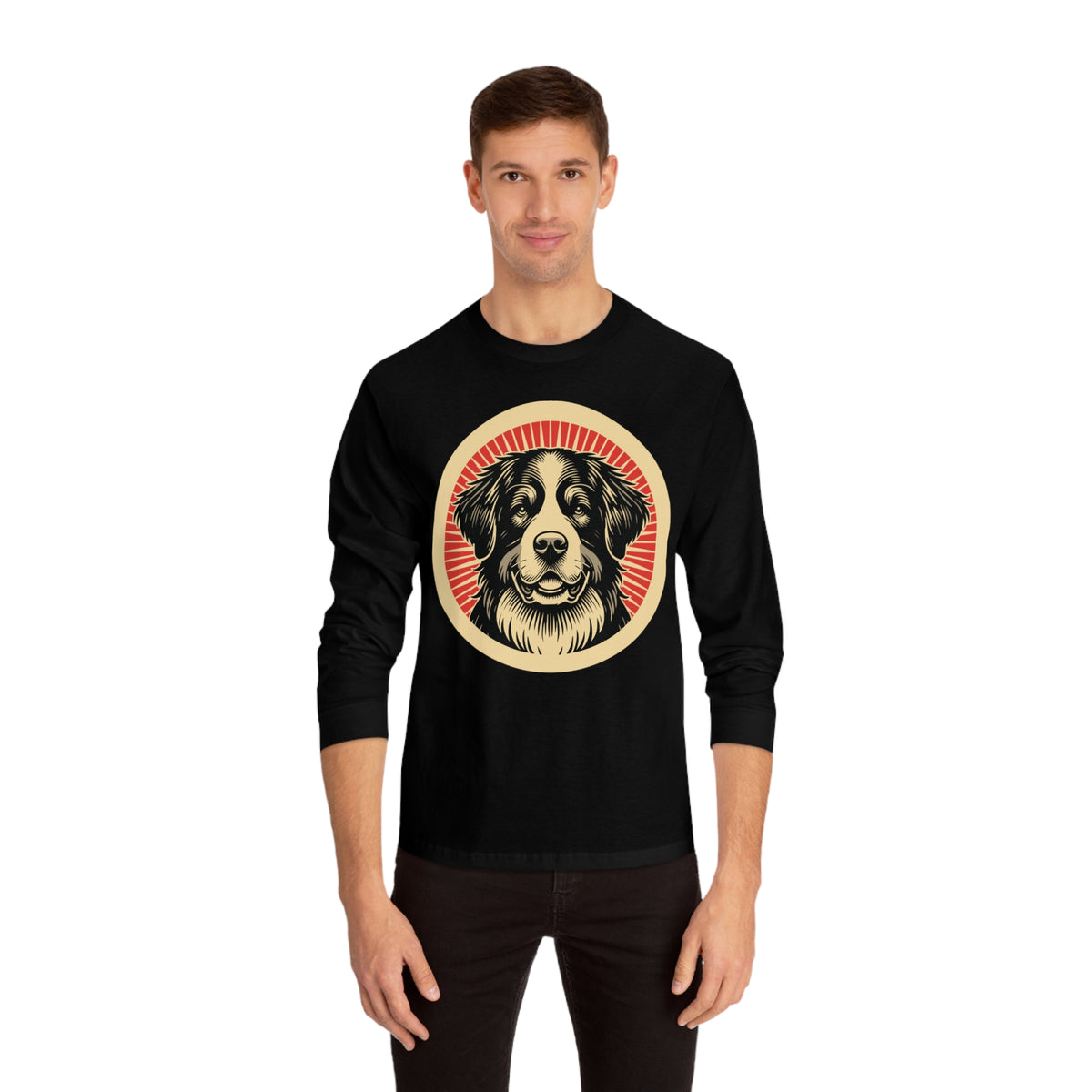 Bernese Mountain Dog badge art in a ring of red rays on a long-sleeve tee