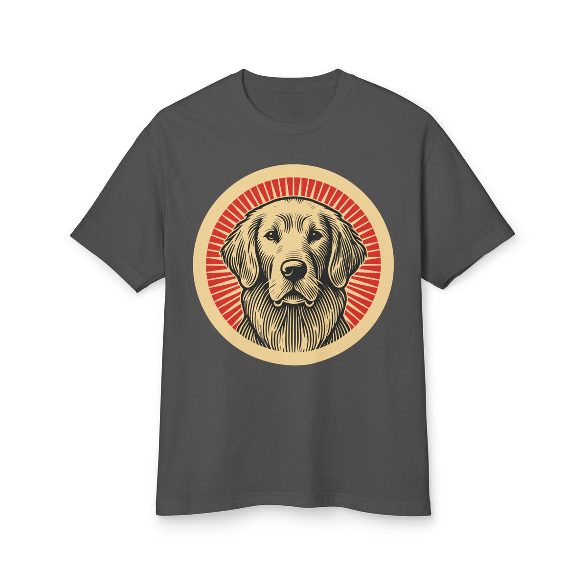 Golden Retriever badge art in a ring of red rays on a heavyweight tee