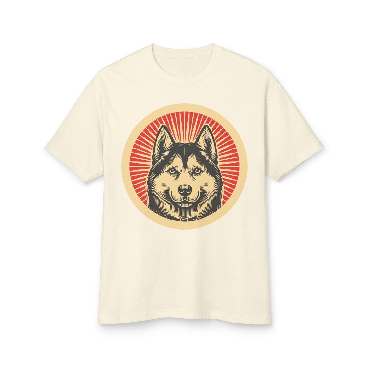 Siberian Husky badge art in a ring of red rays on a heavyweight tee