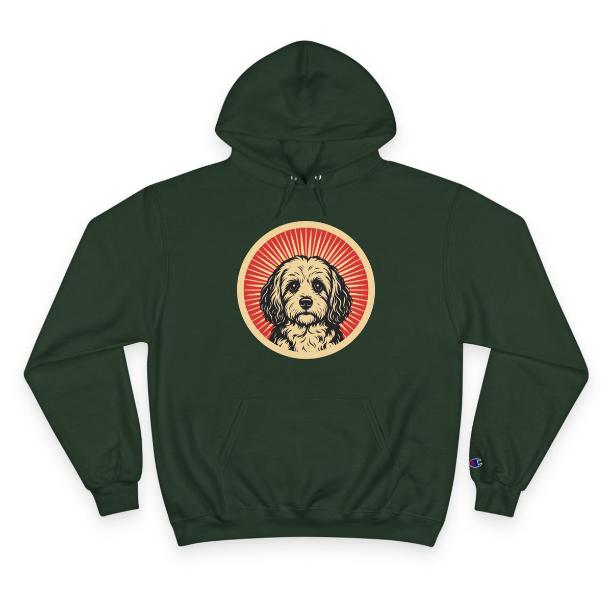 Cavachon badge art in a ring of red rays on a champion hoodie